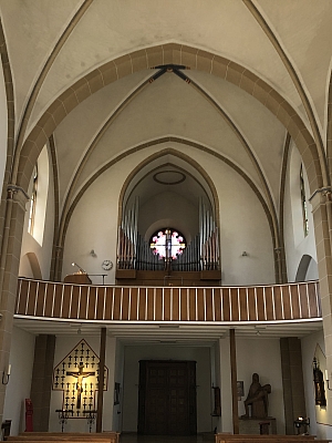 Kirchenschiff mit gotischem Gewölbe und Orgelempore in der Pfarrkirche St. Philippus und Jacobus in Steinbeck